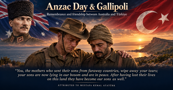 Anzac Day dawn at Gallipoli with the Australian and Turkish flags and a silhouette of Mustafa Kemal Ataturk